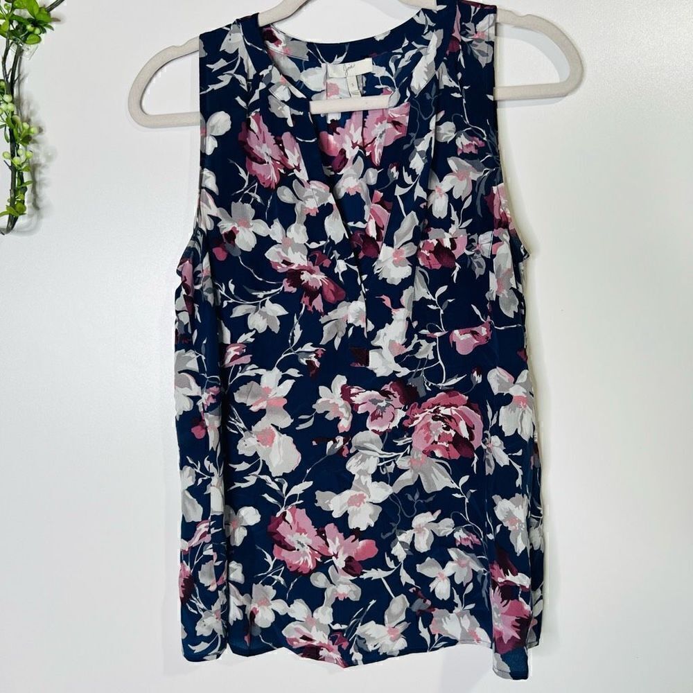 Joie 100% Silk Navy Blue Floral Pink Gray Tank Top